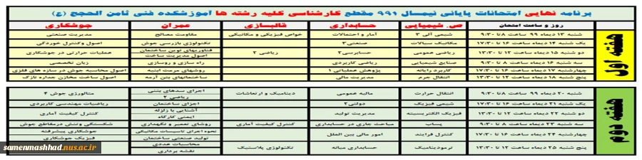 برنامه امتحانی کارشناسی نمیسال 991 3